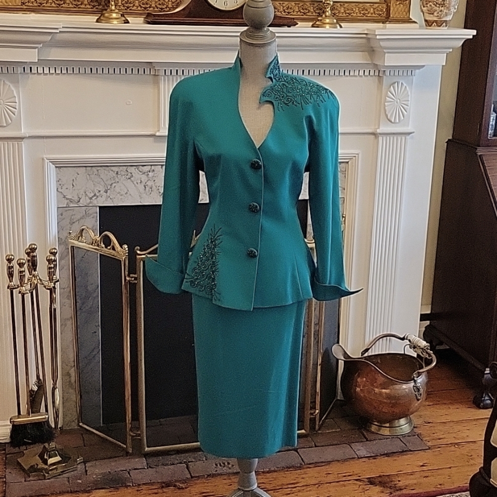 Teal Embroidered Women's Blazer & Skirt Set
